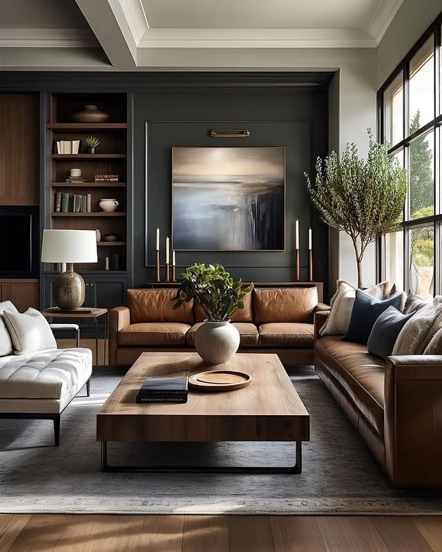 4. Luxury Gray and Cognac Brown Living Room Design - gray and brown living room ideas