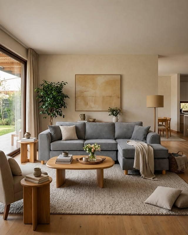 5. Cozy Light Gray and Natural Brown Living Room - gray and brown living room ideas