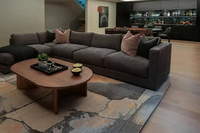 7. Contemporary Dark Gray and Walnut Brown Living Room - gray and brown living room ideas