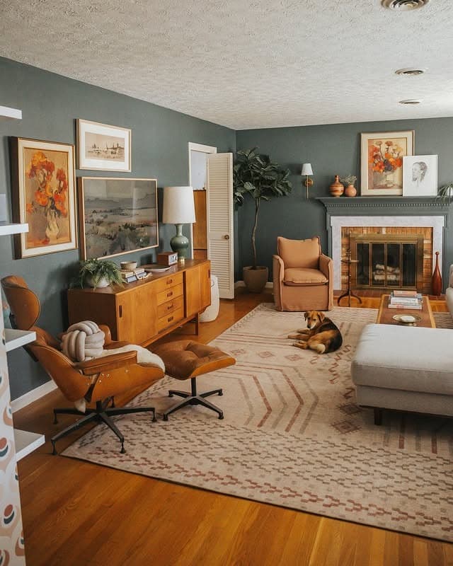 8. Vintage Gray and Warm Brown Living Room with Fireplace - gray and brown living room ideas