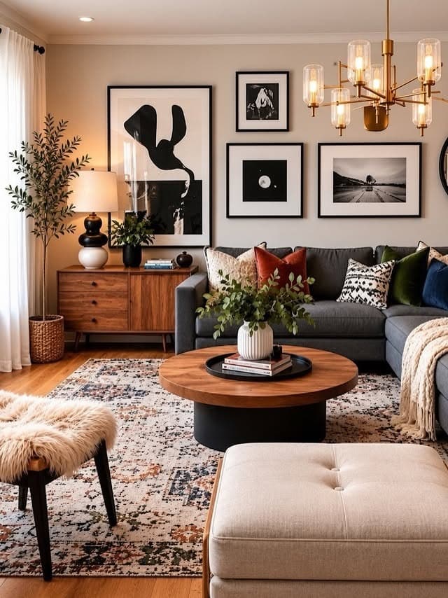 11. Modern Gray and Brown Living Room with Walnut Furniture - gray and brown living room ideas