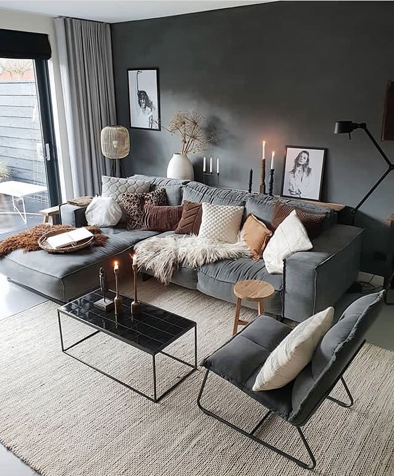 12. Cozy Dark Gray and Brown Living Room with Layered Textures - gray and brown living room ideas