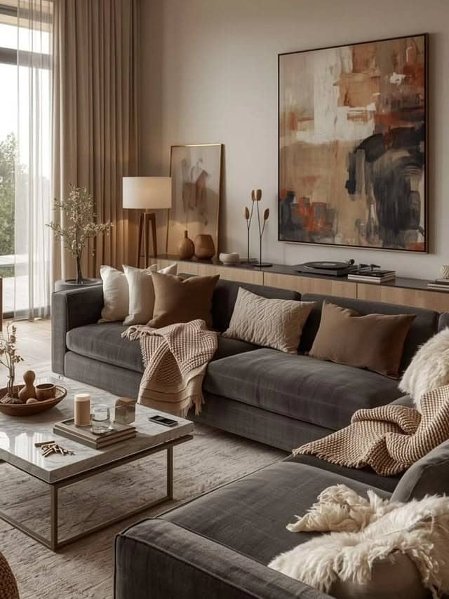 13. Elegant Gray and Taupe Brown Living Room with Abstract Art - gray and brown living room ideas