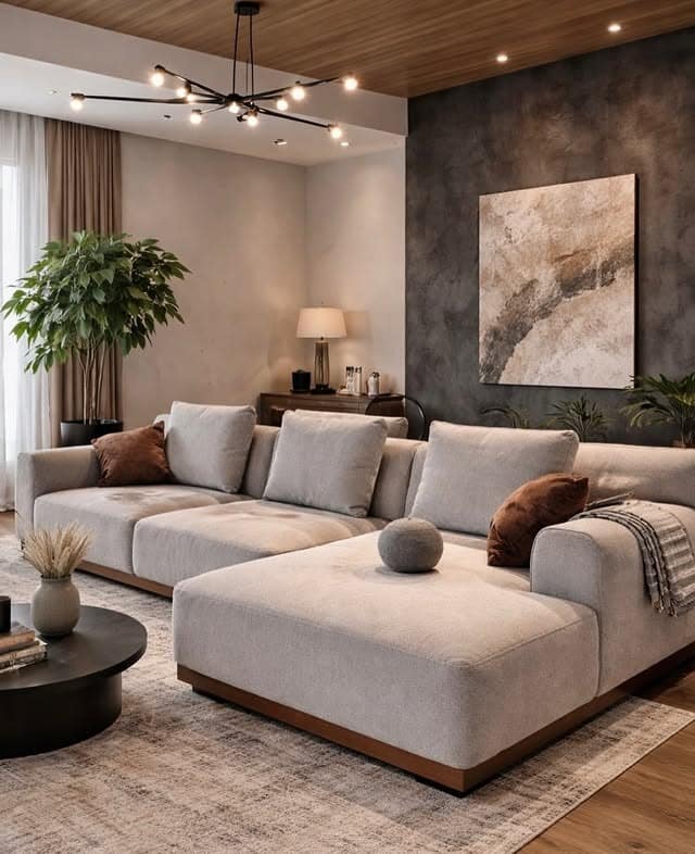 14. Luxury Light Gray and Dark Brown Living Room with Accent Wall - gray and brown living room ideas