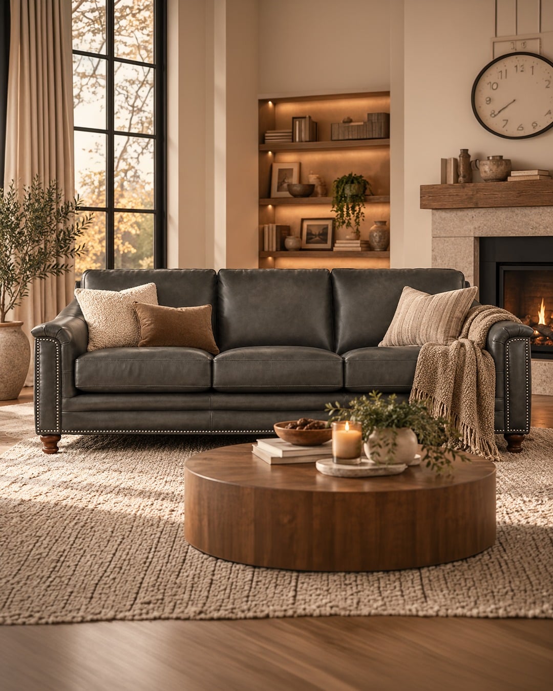 15. Classic Charcoal Gray and Warm Brown Living Room with Fireplace - gray and brown living room ideas