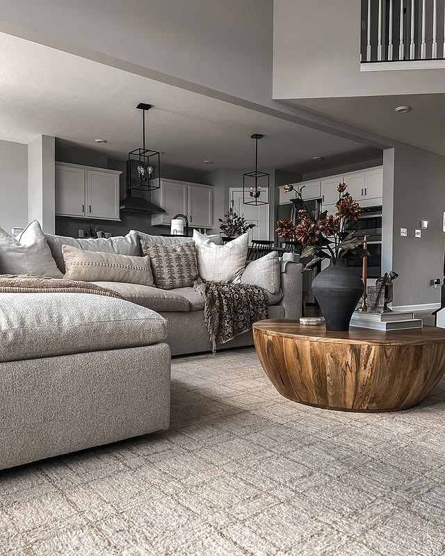 17. Neutral Gray and Natural Brown Living Room with Wooden Coffee Table - gray and brown living room ideas