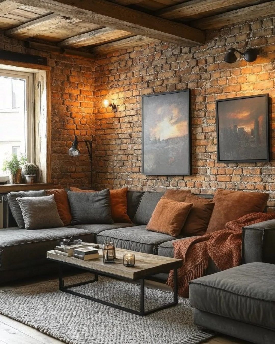 20. Rustic Gray and Terracotta Brown Living Room with Exposed Brick - gray and brown living room ideas