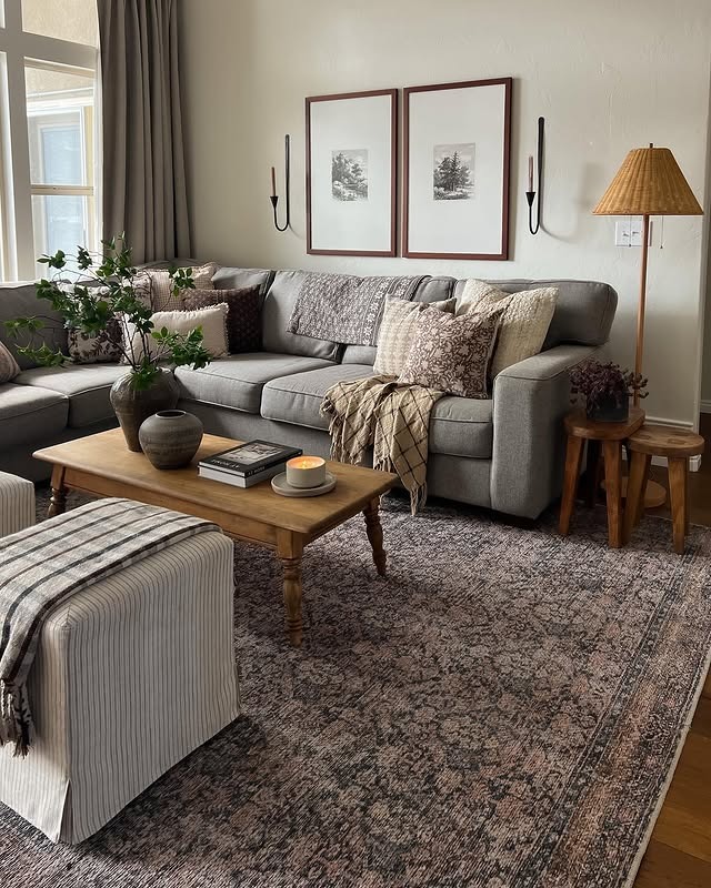 21. Cozy Light Gray and Rustic Brown Living Room with Vintage Accents - gray and brown living room ideas