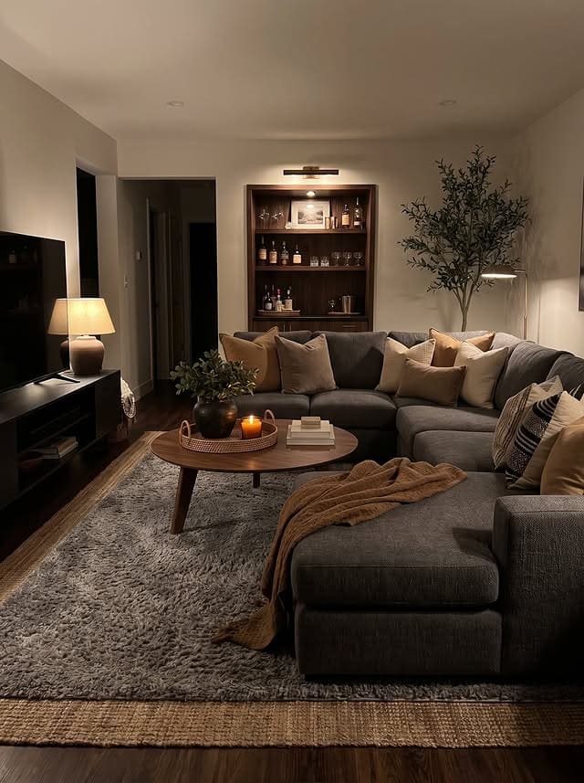 22. Warm Charcoal Gray and Brown Living Room with Ambient Lighting - gray and brown living room ideas