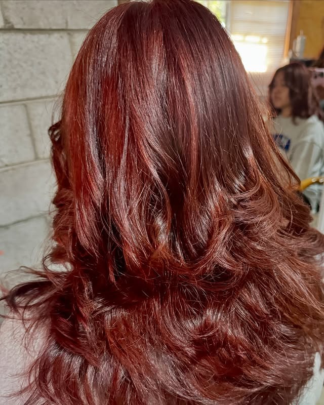 3. Rich Auburn Mahogany Hair with Bouncy Layered Waves - Mahogany Hair Color
