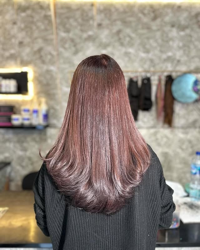 4. Muted Rose Mahogany Hair with Sleek Feathered Ends - Mahogany Hair Color