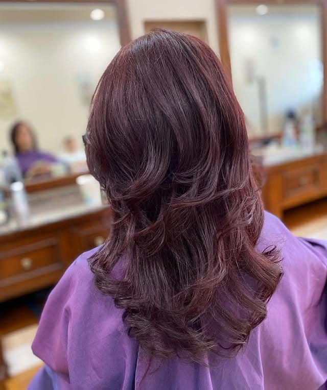 10. Deep Violet Mahogany Hair with Cascading Feathered Layers - Mahogany Hair Color