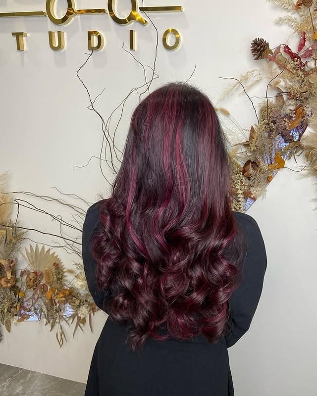 15. Black Cherry Mahogany Hair with Burgundy Highlights and Defined Curls - Mahogany Hair Color