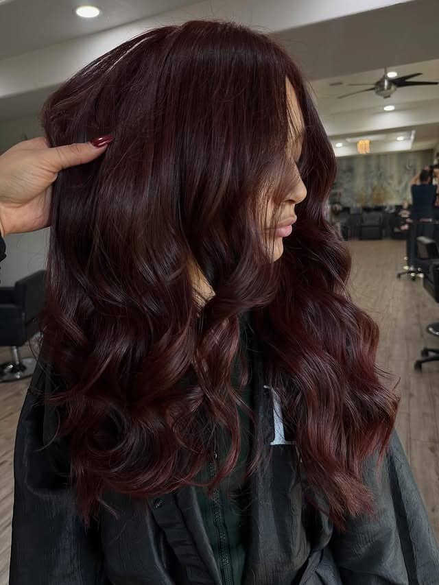 19. Dark Burgundy Mahogany Hair with Soft Glam Waves - Mahogany Hair Color