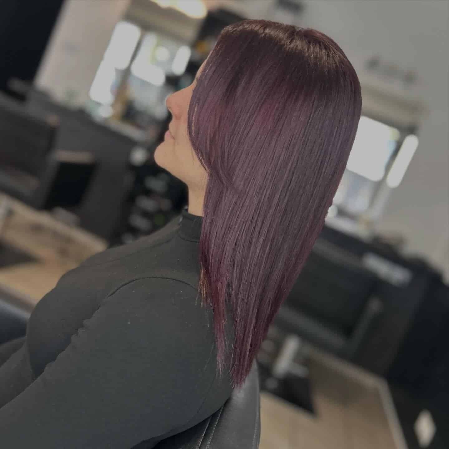 21. Smoky Plum Mahogany Hair with Sleek Straight Layers - Mahogany Hair Color