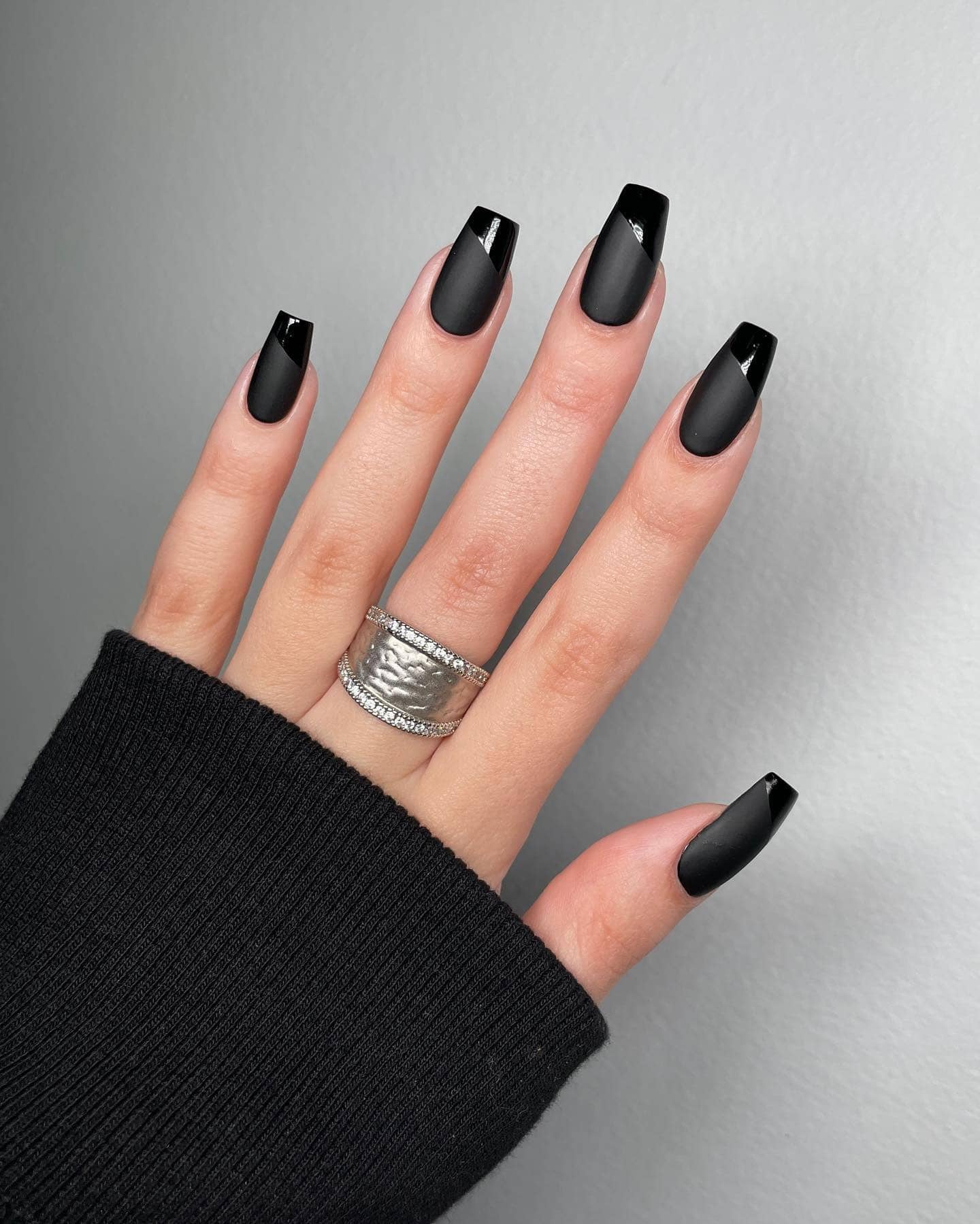 3. Matte Black Coffin Nails with Glossy Diagonal Tips - black coffin nail ideas