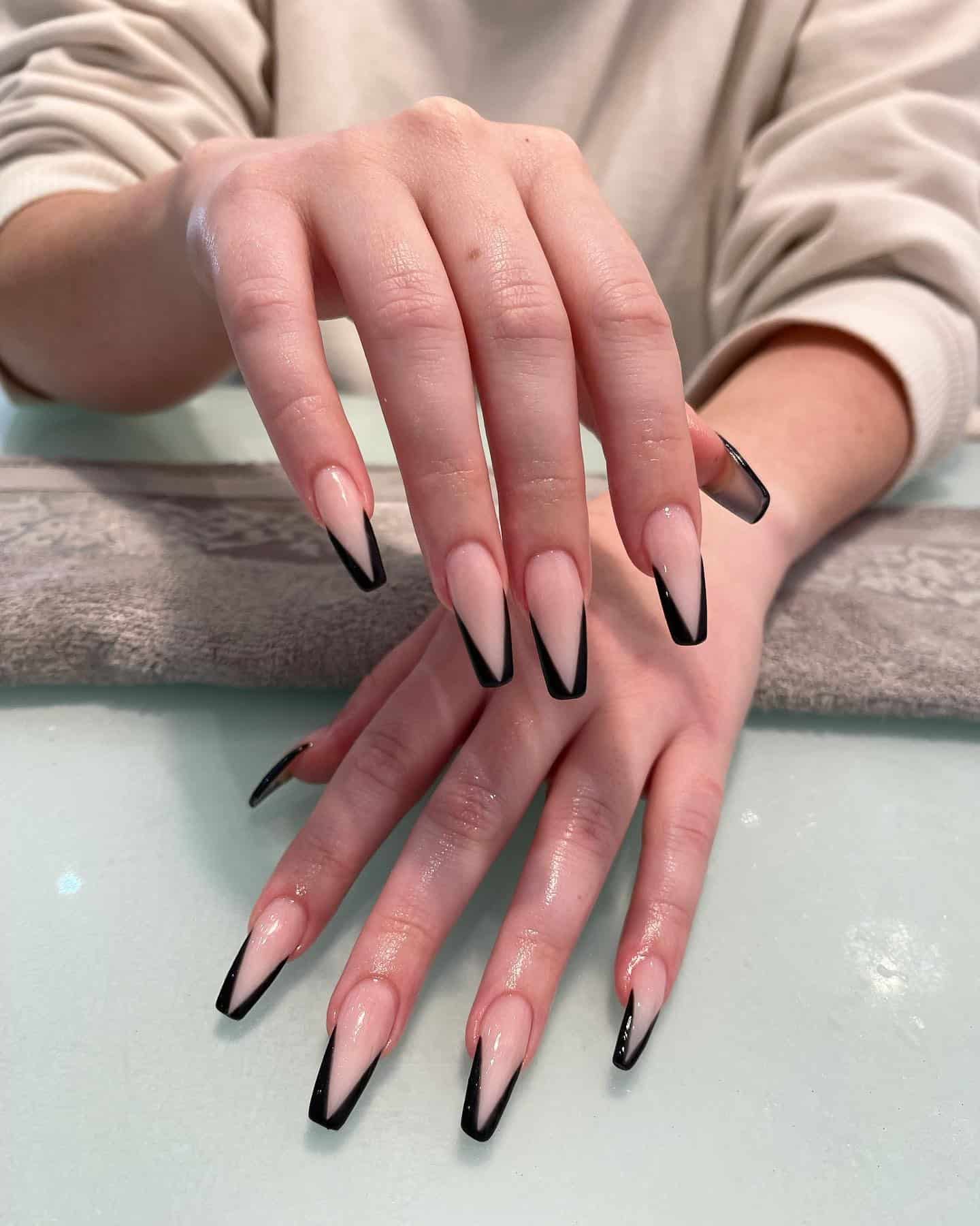 19. Pink Nude Coffin Nails with Black V French Tips - black coffin nail ideas