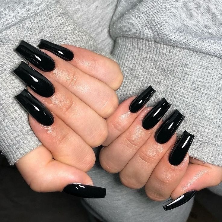 22. Classic Glossy Black Coffin Acrylic Nails - black coffin nail ideas