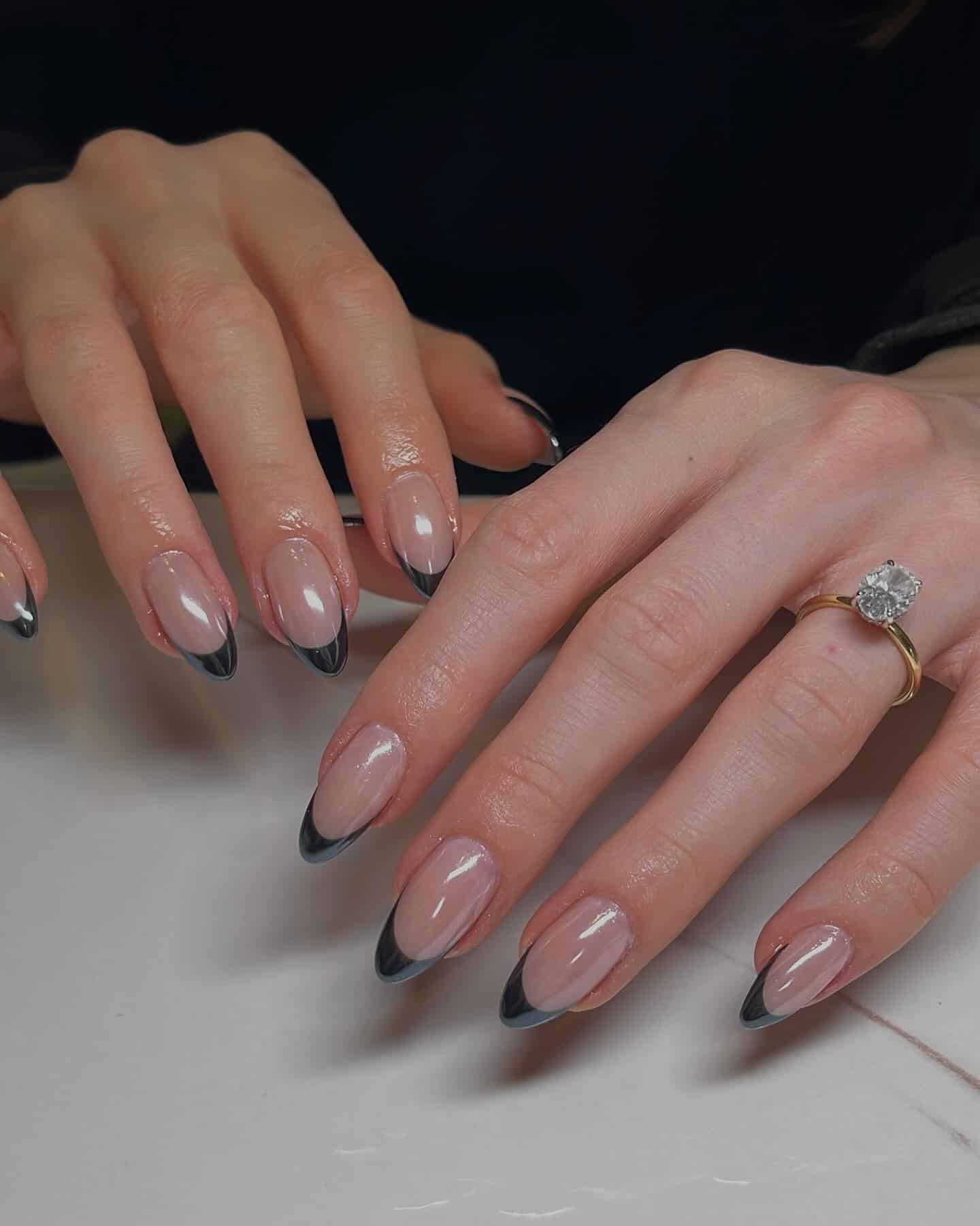 10. Smoky Black French Almond Nails with Sheer Nude Base - black french nail ideas