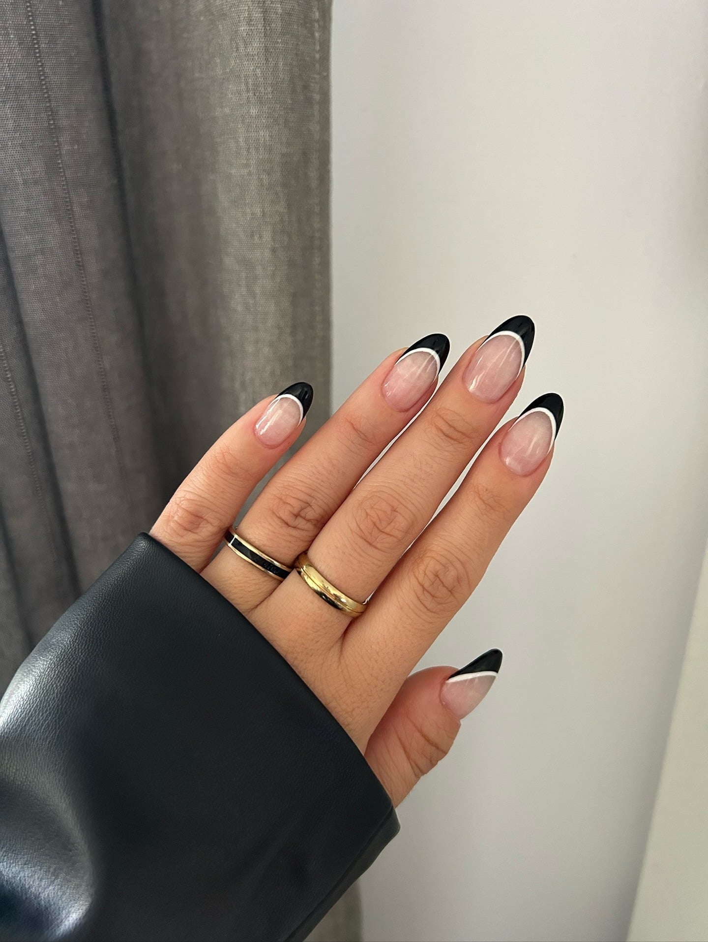 16. Black and White Double French Almond Nails - black french nail ideas