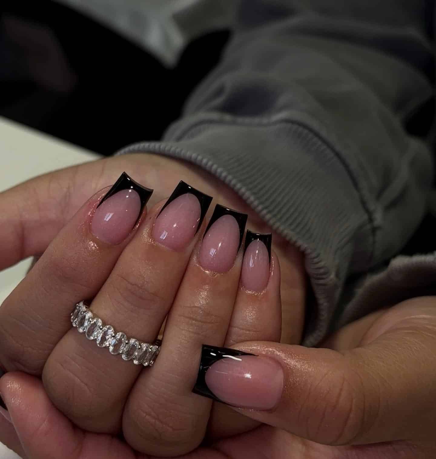 19. Geometric Black French Square Nails with Dusty Pink Base - black french nail ideas