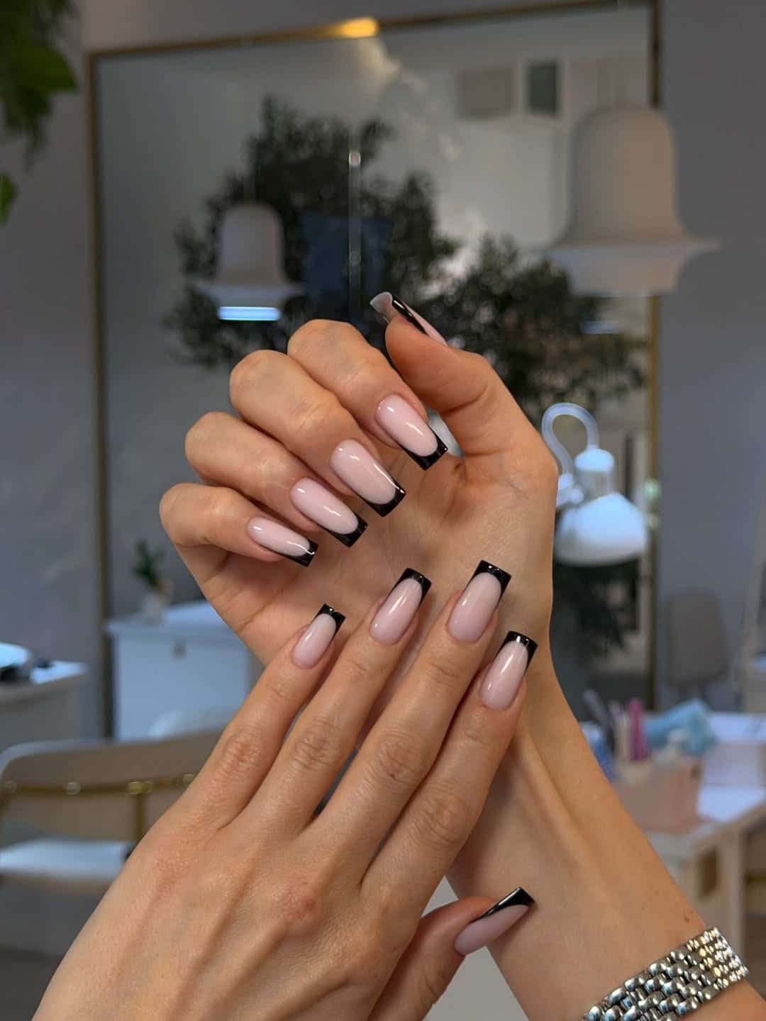 21. Classic Black French Square Nails with Milky Pink Base - black french nail ideas
