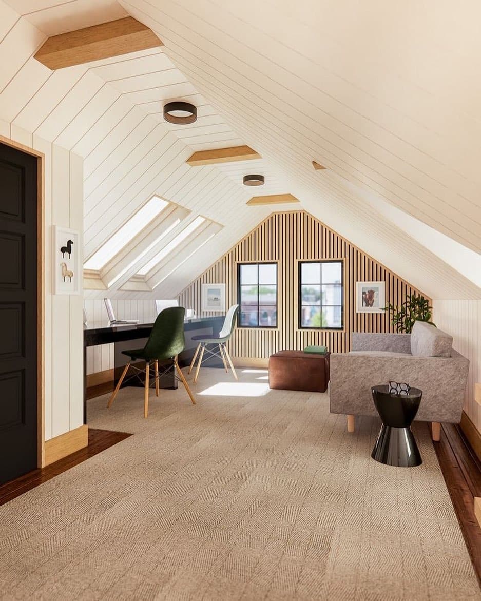 1. Modern White and Natural Wood Attic Office with Cozy Seating - attic office ideas