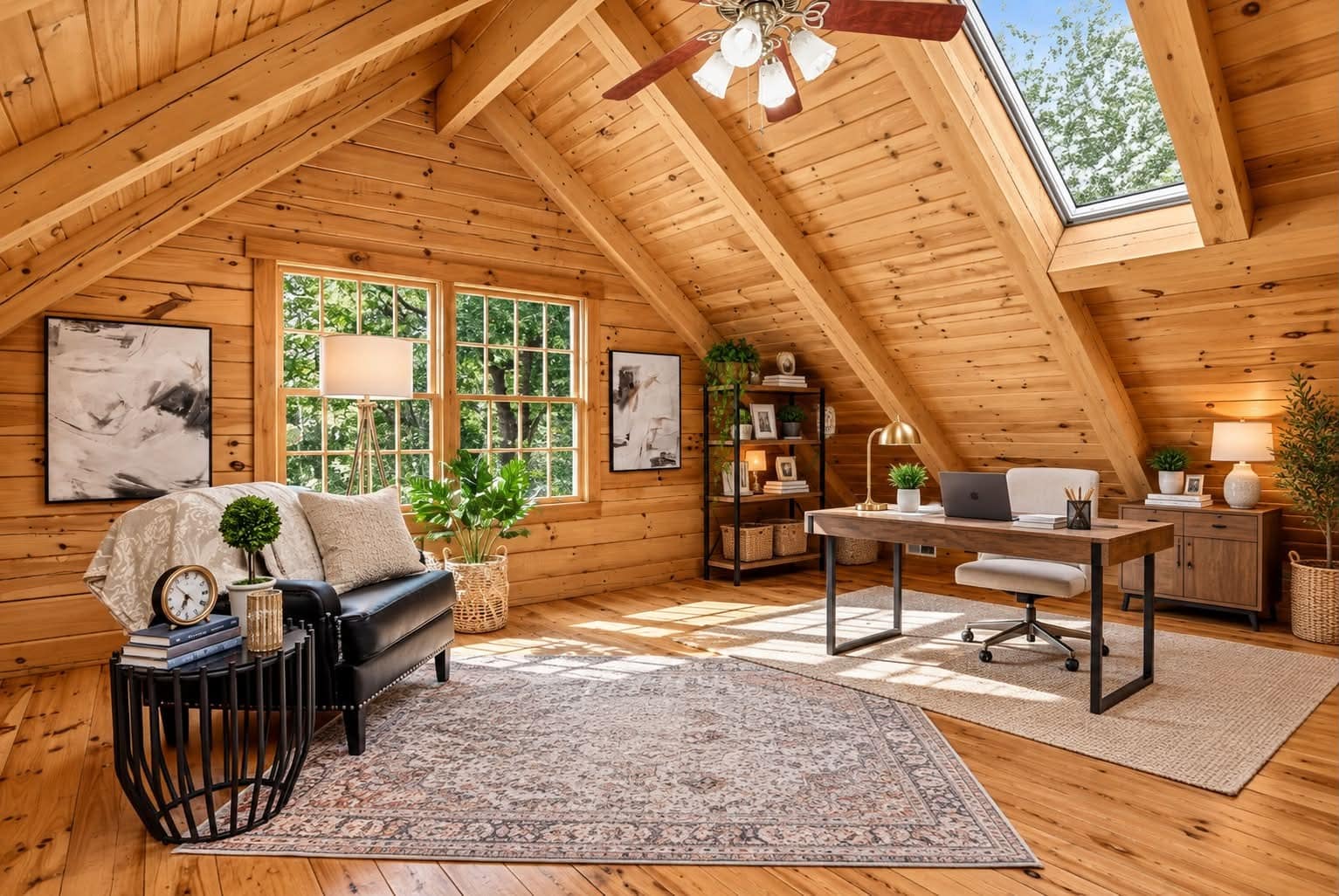 2. Rustic Honey Wood Attic Office with Black and Cream Accents - attic office ideas