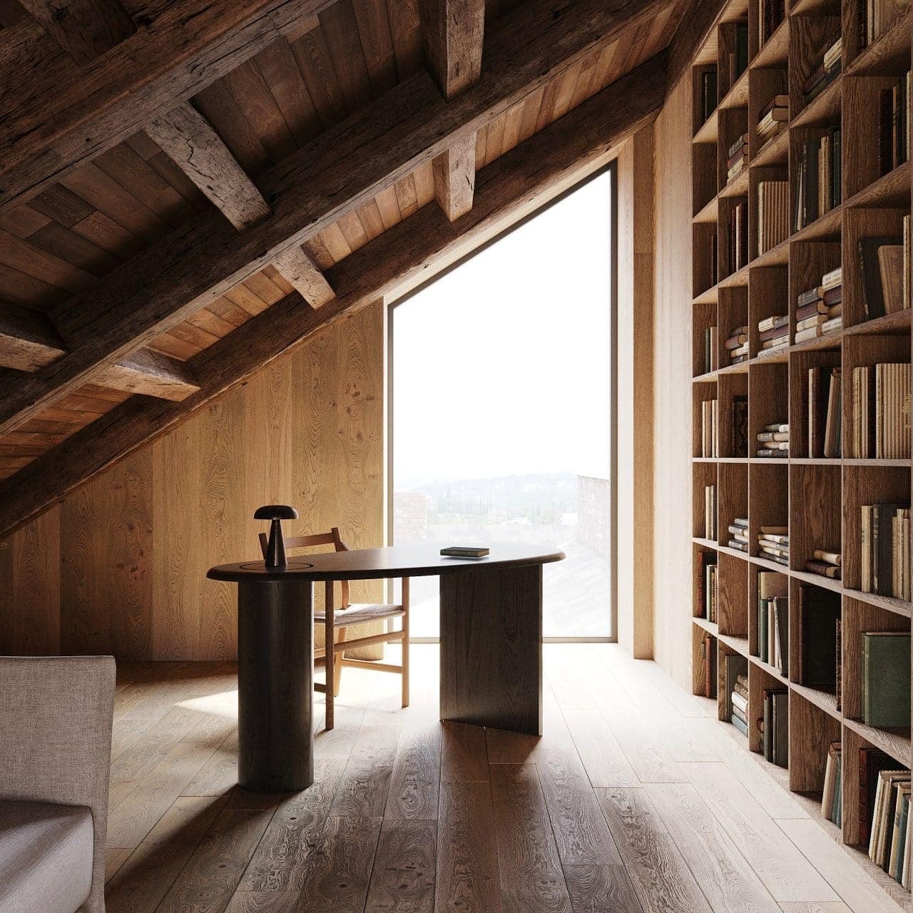4. Contemporary Dark Walnut and Natural Oak Attic Office Library - attic office ideas