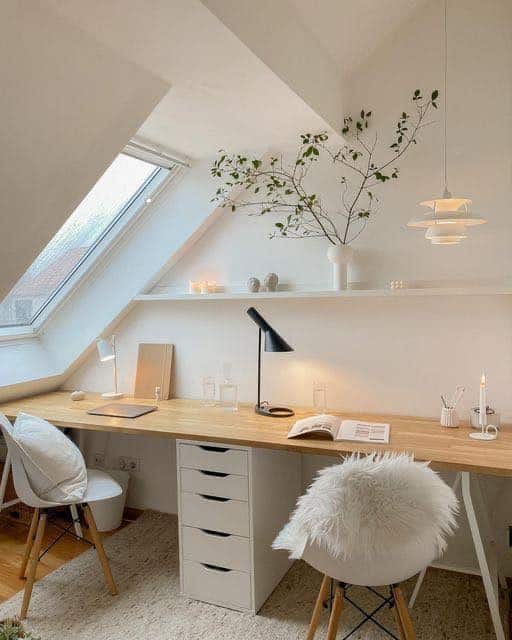6. Scandinavian White and Light Oak Attic Office with Double Workspace - attic office ideas