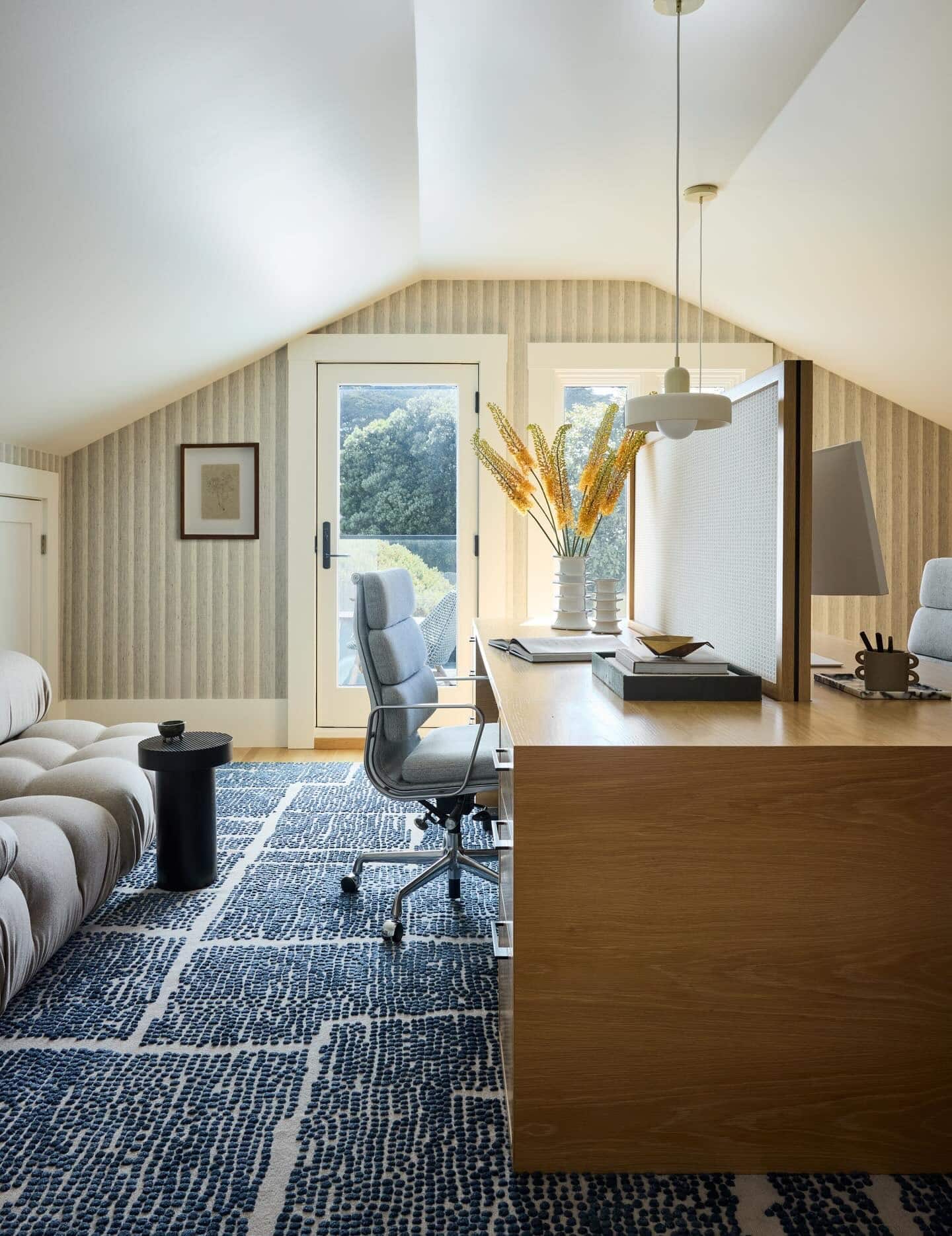 8. Elegant Cream and Light Oak Attic Office with Blue Accents - attic office ideas
