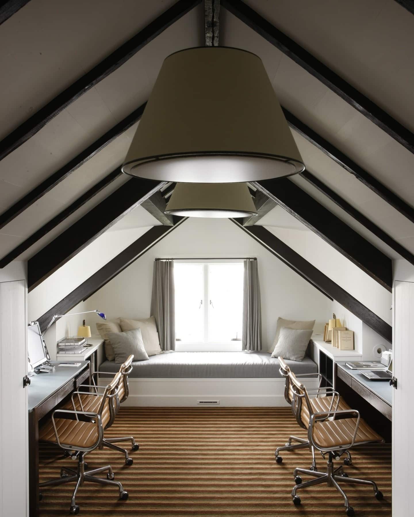 9. Classic Black and White Attic Office with Dark Exposed Beams - attic office ideas