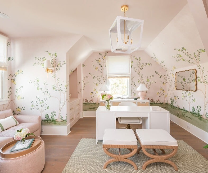 10. Feminine Blush Pink and White Attic Office with Floral Wallpaper - attic office ideas