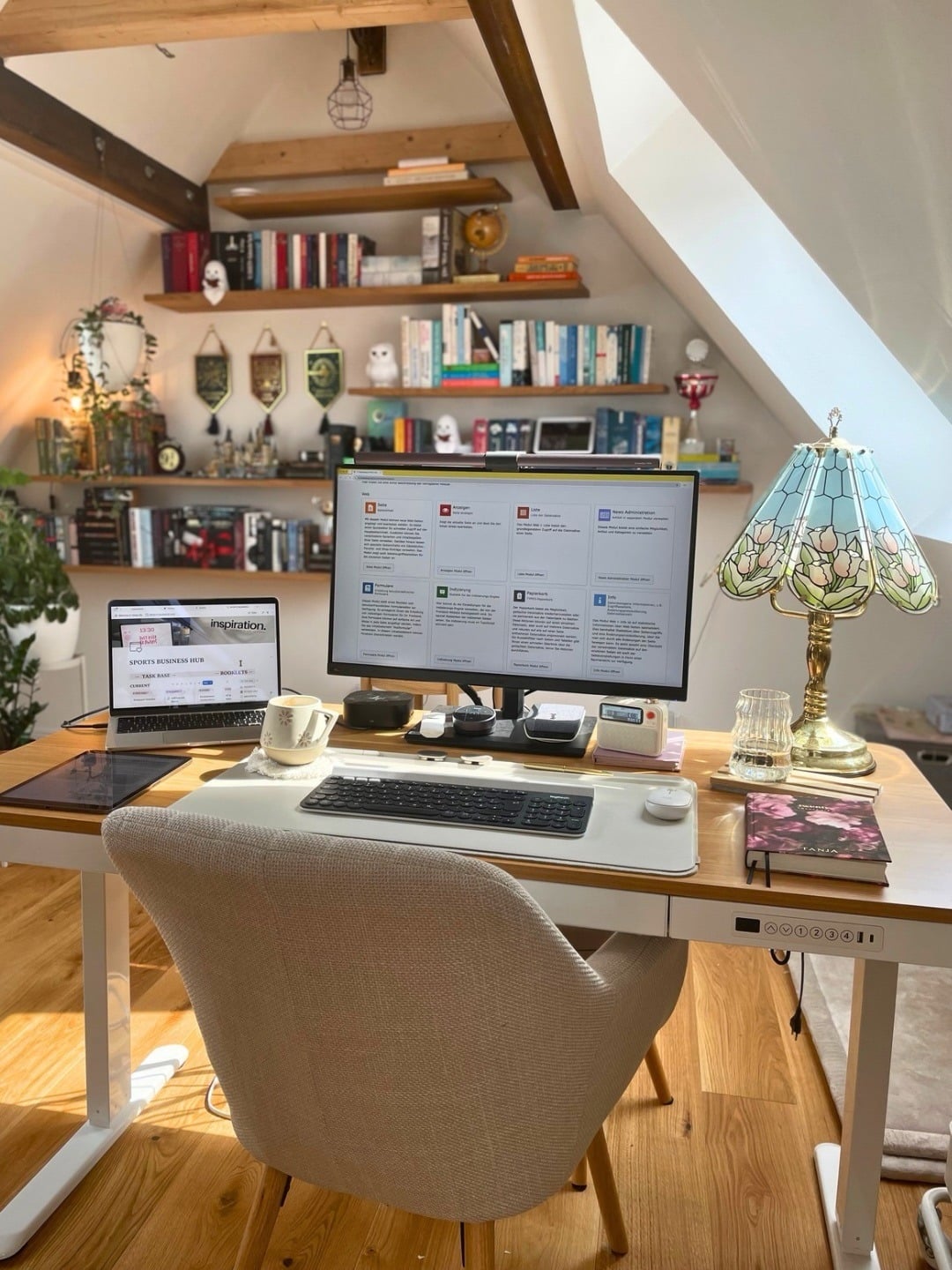 11. Cozy Natural Wood and Cream Attic Office with Floating Bookshelves - attic office ideas