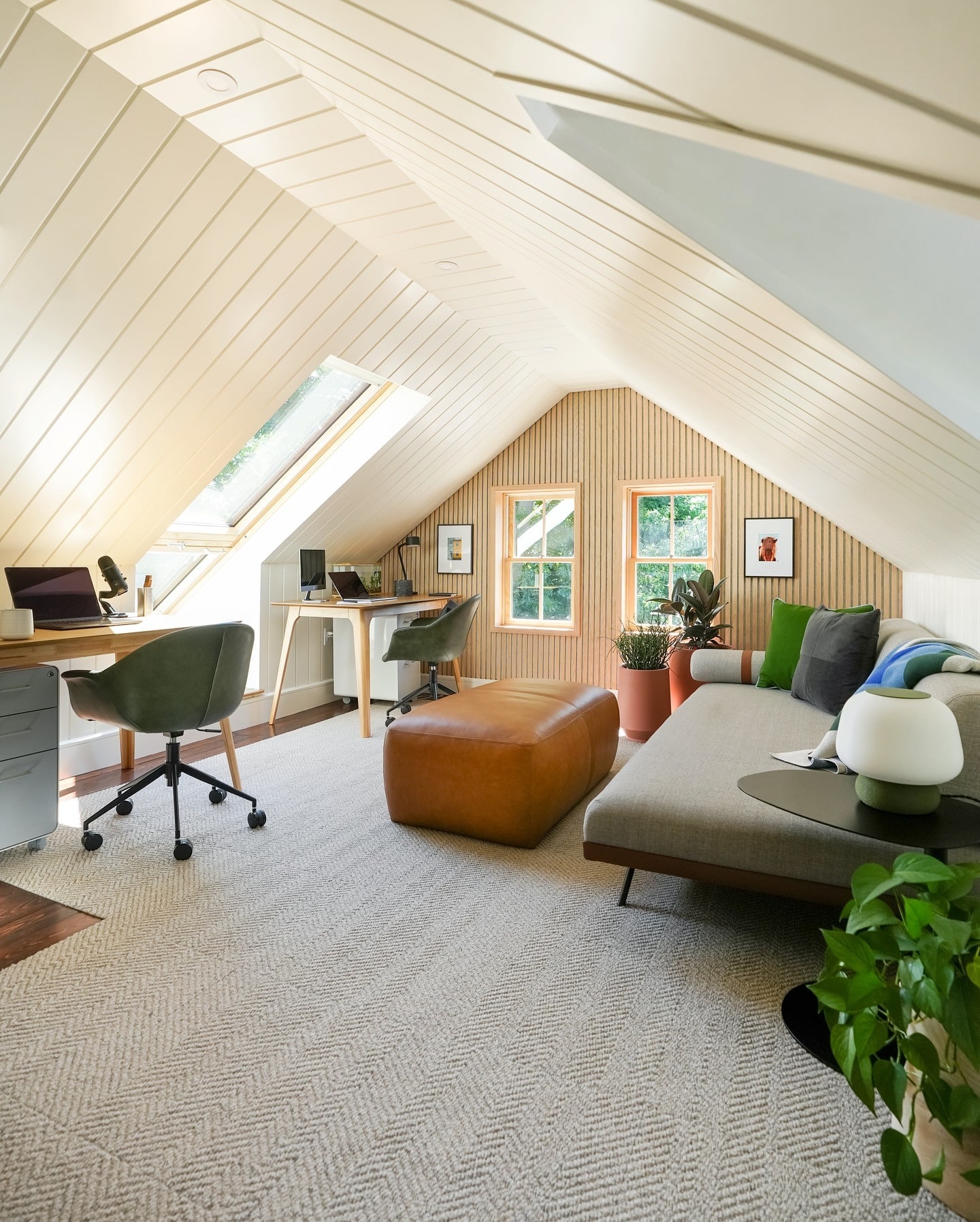 12. Modern White and Light Oak Attic Office with Olive Green Accents - attic office ideas
