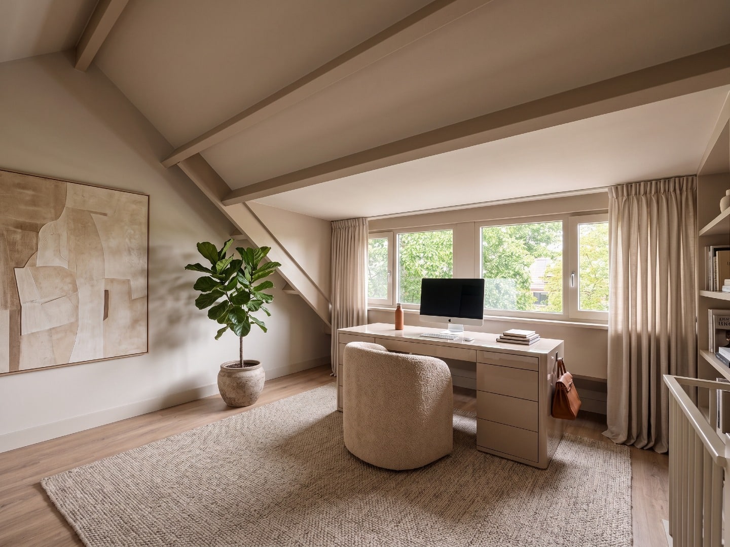 14. Elegant Taupe and Cream Attic Office with Minimalist Furniture - attic office ideas