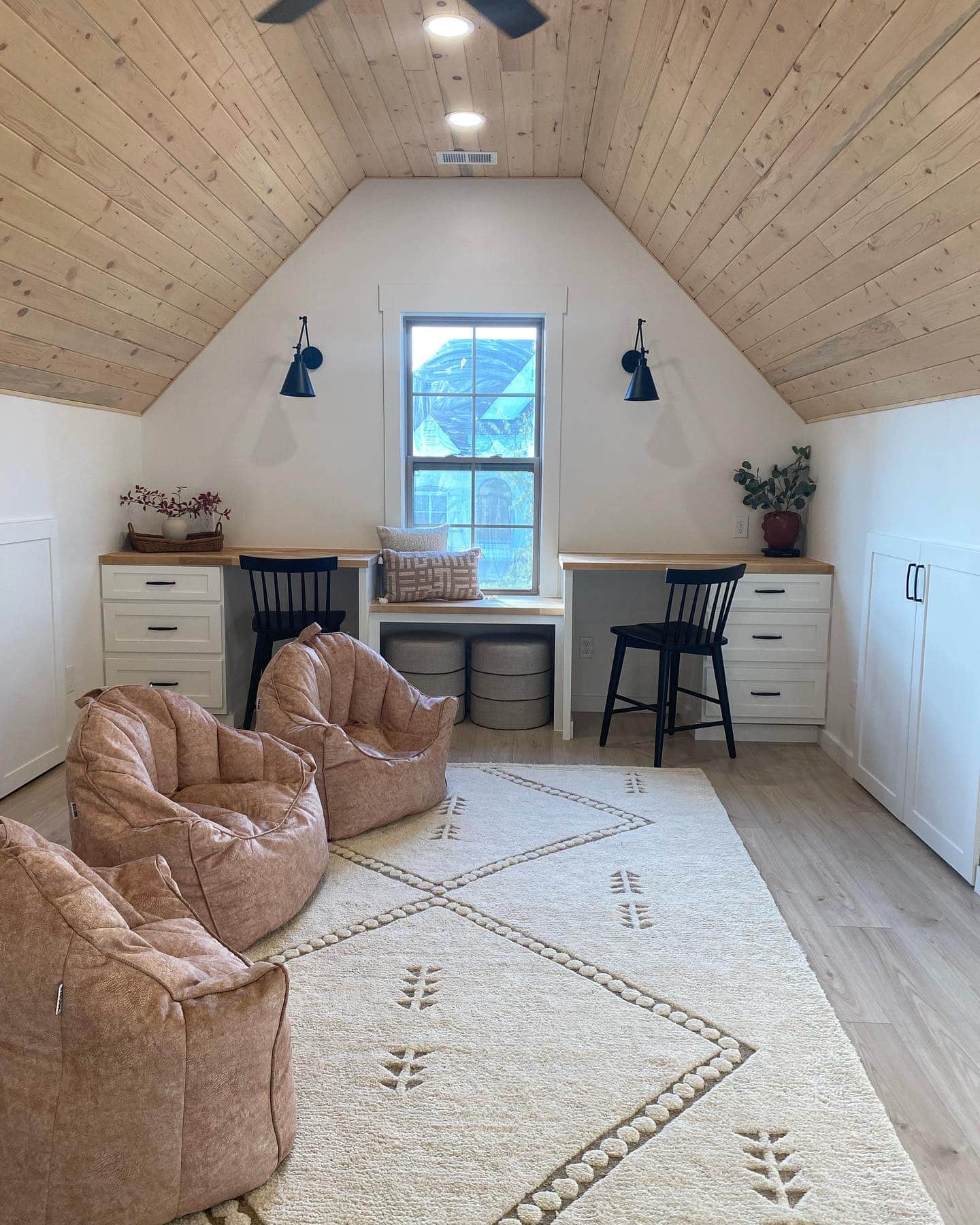 15. Rustic White and Natural Pine Attic Office with Blush Seating - attic office ideas
