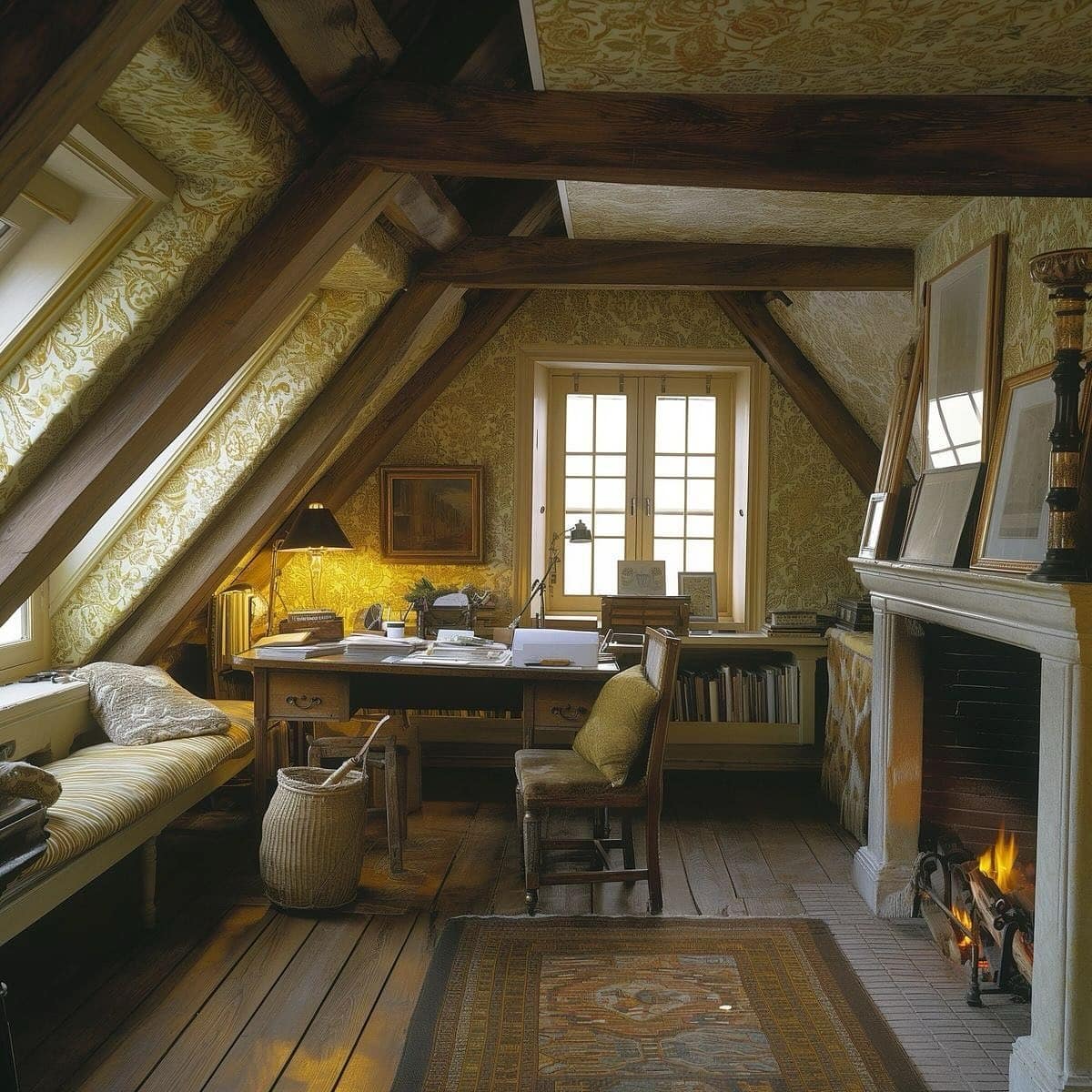 17. Vintage Olive Green and Dark Wood Attic Office with Fireplace - attic office ideas