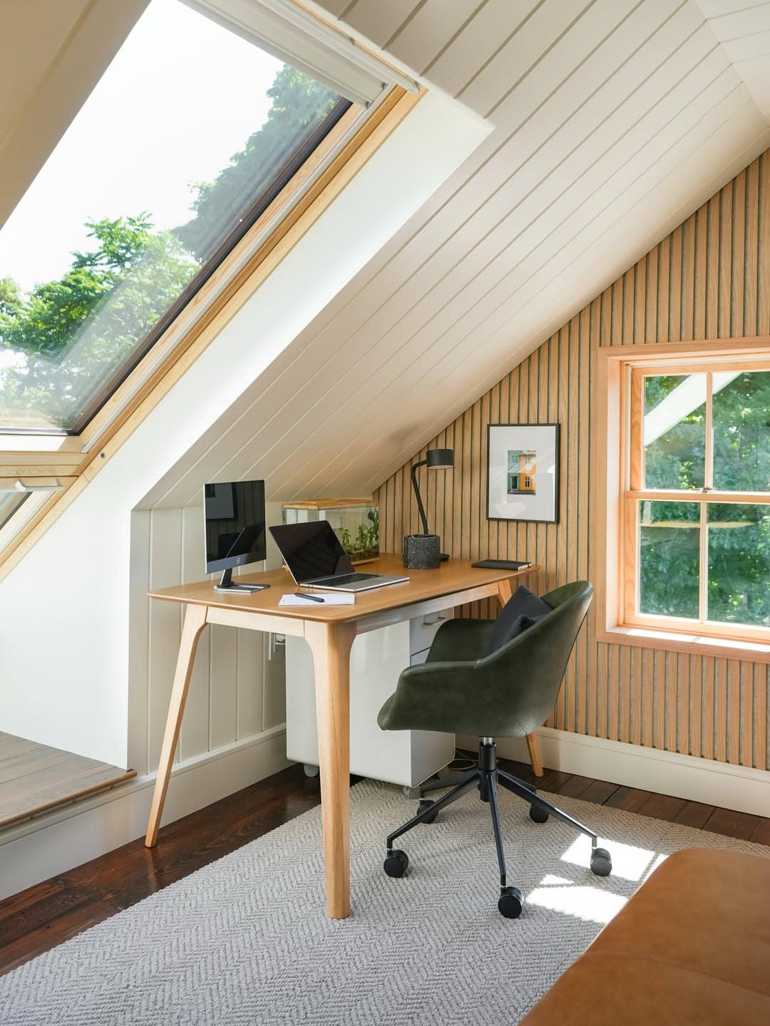 19. Modern White and Light Wood Attic Office with Forest Green Chair - attic office ideas