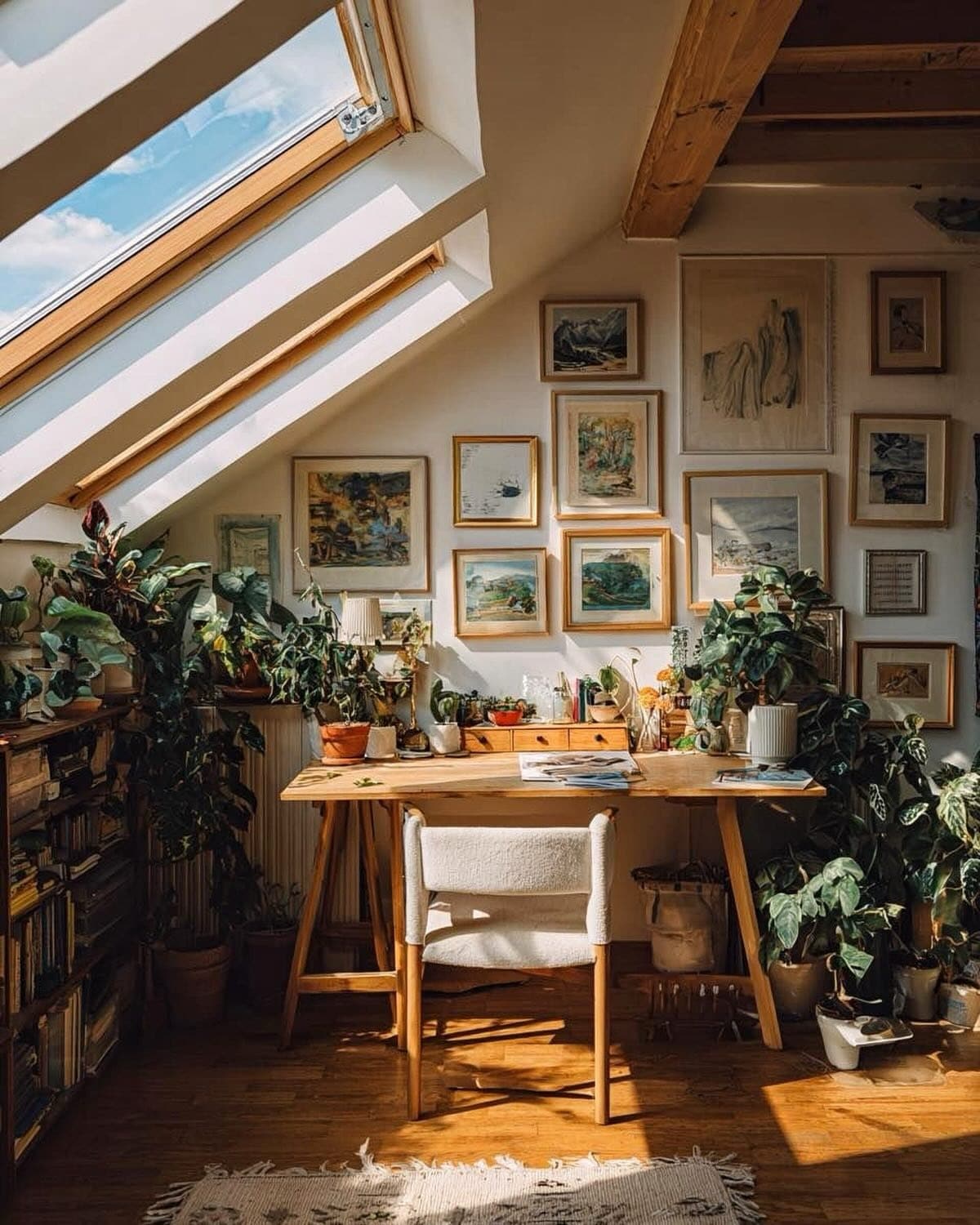20. Eclectic Warm Brown and Sage Green Attic Office with Gallery Wall - attic office ideas