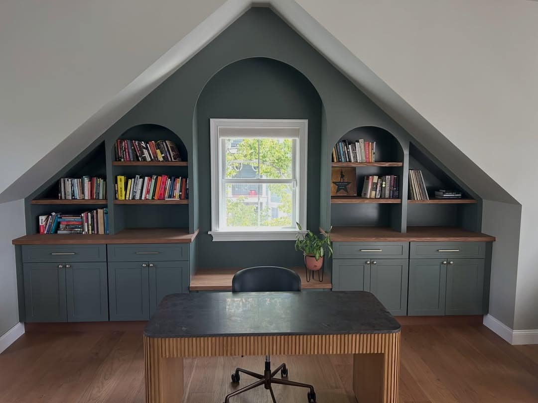 22. Modern Charcoal Gray and Walnut Attic Office with Arched Shelving - attic office ideas