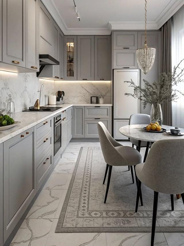 1. Elegant Light Grey Kitchen Cabinets with Marble Accents - grey cabinet kitchen ideas