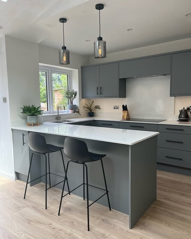 2. Modern Slate Grey Kitchen Cabinets with White Peninsula - grey cabinet kitchen ideas