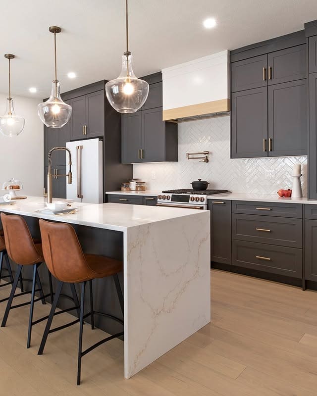 5. Luxury Graphite Grey Kitchen with White Marble Island - grey cabinet kitchen ideas