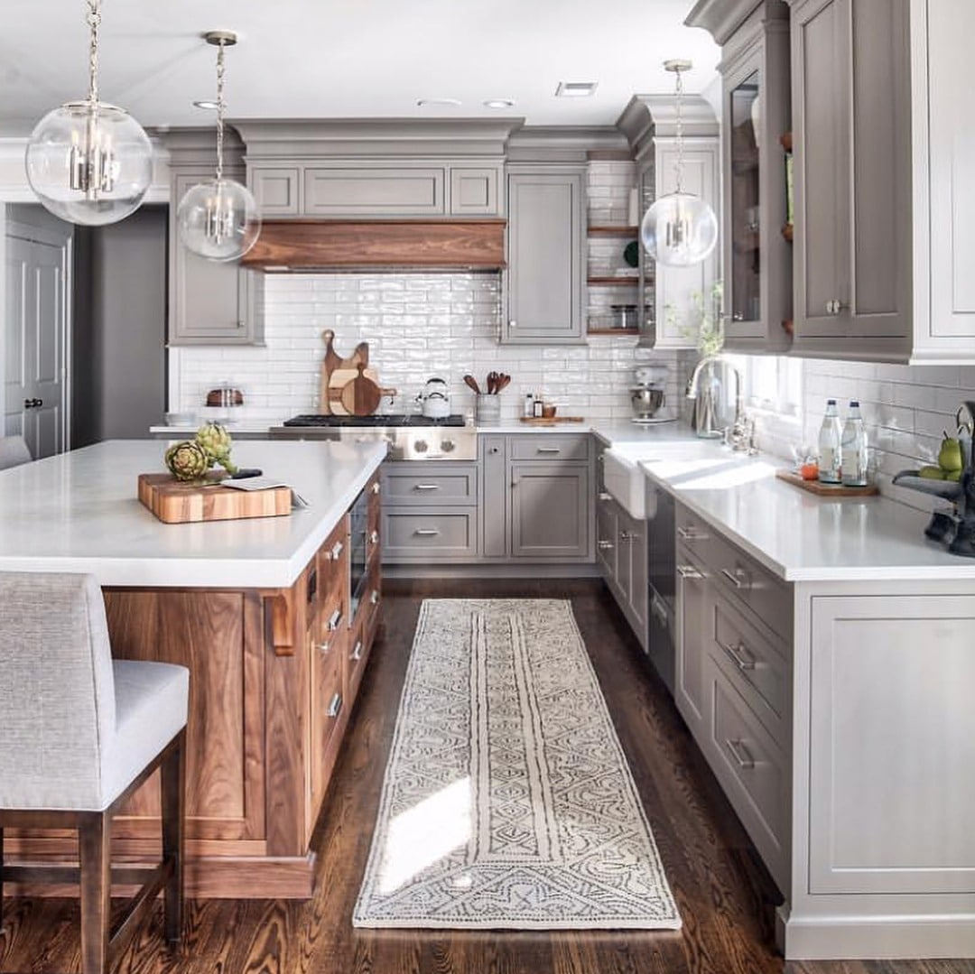 8. Warm Grey Kitchen Cabinets with Natural Wood Island - grey cabinet kitchen ideas