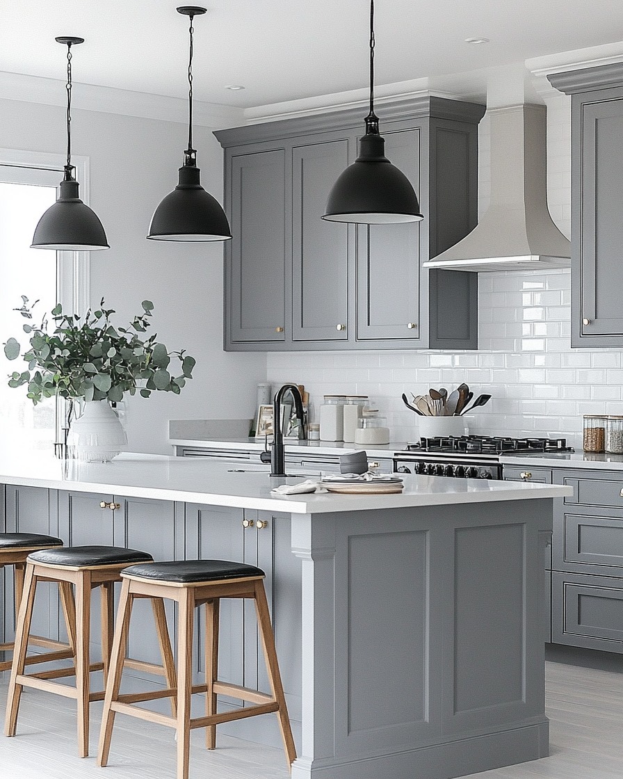 14. Classic Cool Grey Kitchen with Black Industrial Pendants - grey cabinet kitchen ideas