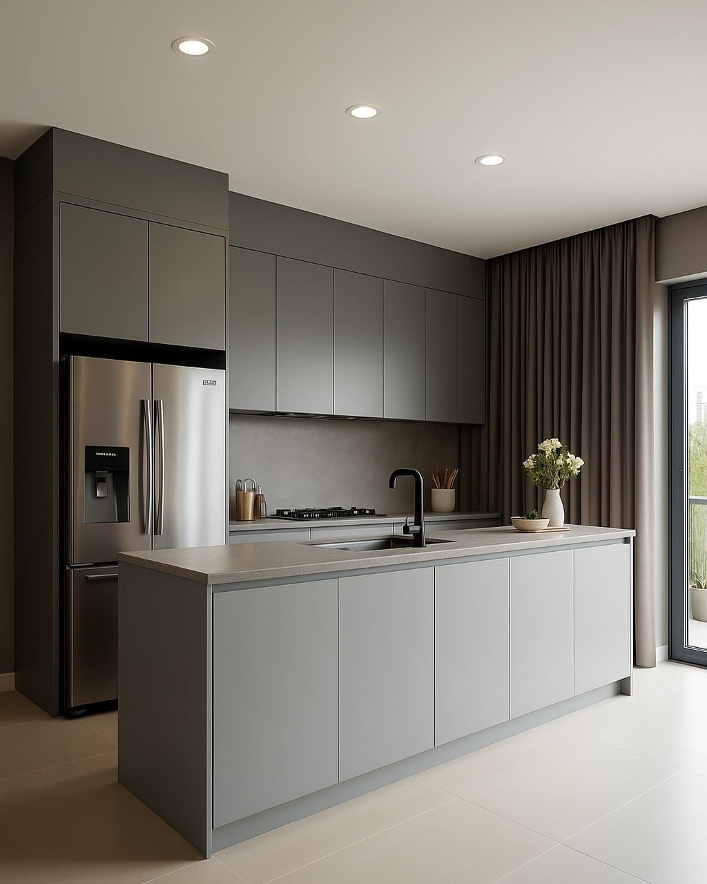 15. Minimalist Two-Tone Grey Kitchen with White Island - grey cabinet kitchen ideas