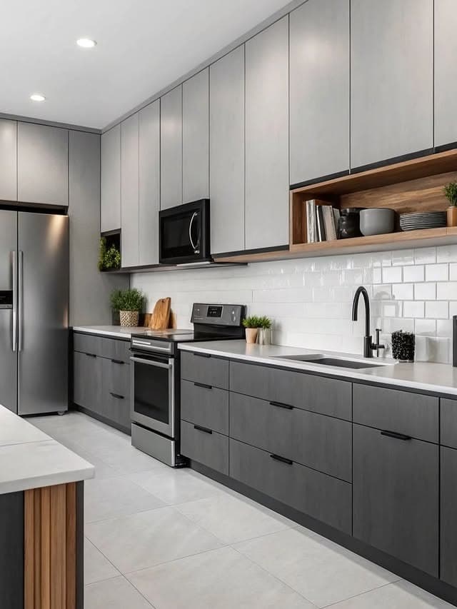 16. Modern Two-Tone Grey Kitchen Cabinets with Wood Shelving - grey cabinet kitchen ideas