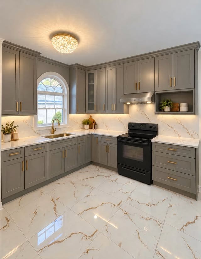 17. Luxurious Warm Grey Kitchen Cabinets with Gold Accents - grey cabinet kitchen ideas