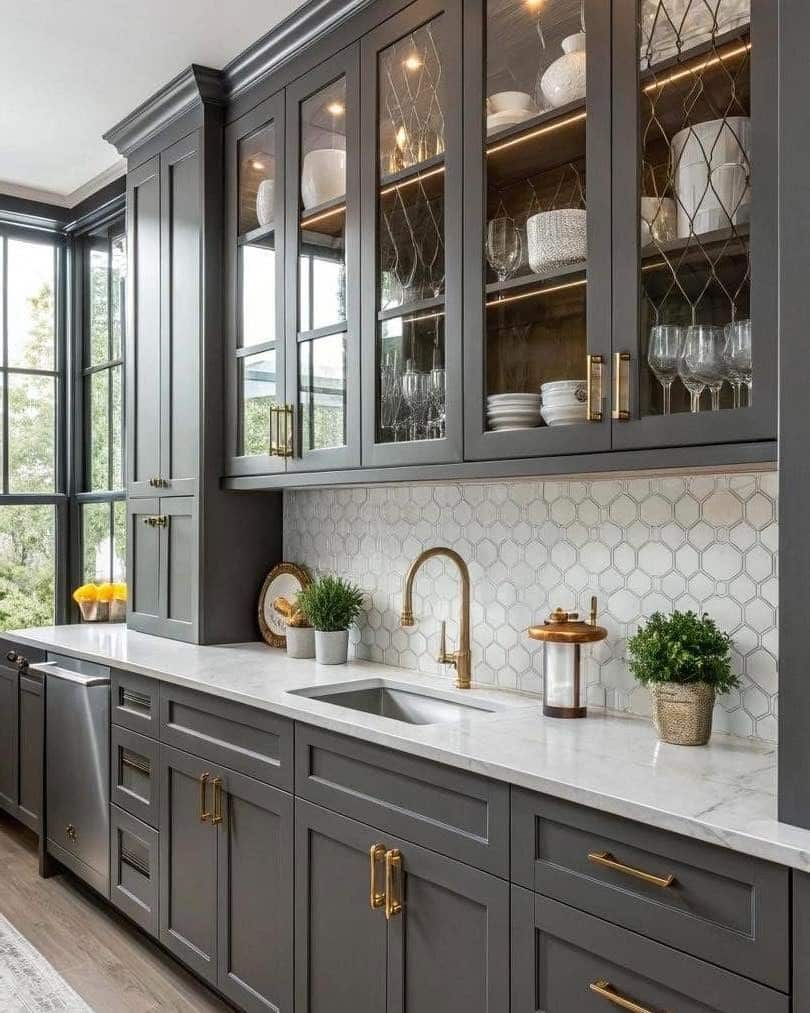 19. Sophisticated Charcoal Grey Kitchen with Glass Display Cabinets - grey cabinet kitchen ideas